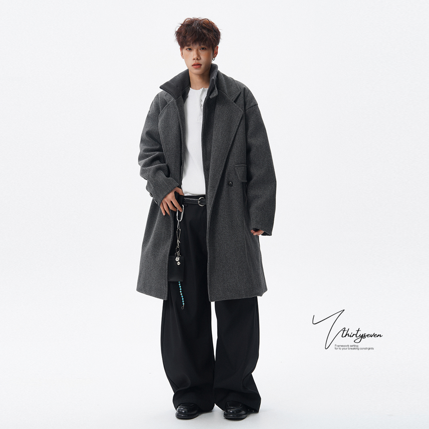 韩系重磅假两件设计感毛呢大衣男