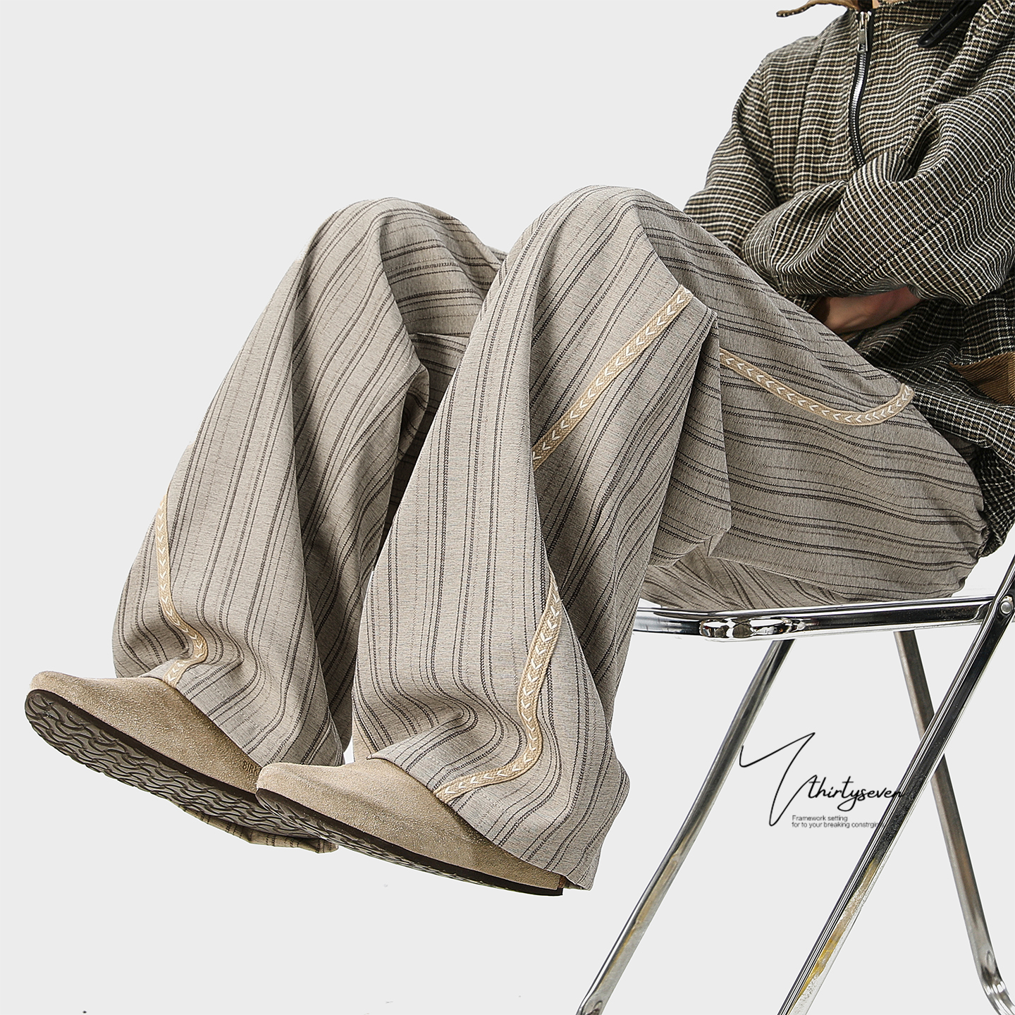 秋季老钱风鱼骨线条纹休闲裤男