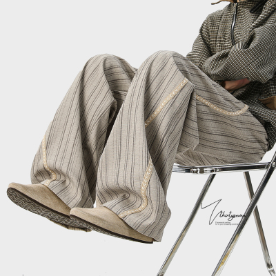 秋季老钱风鱼骨线条纹休闲裤男