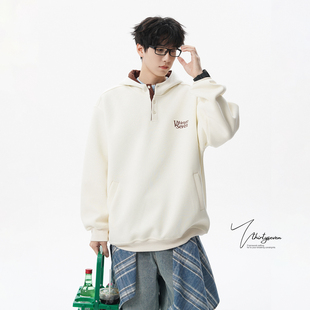 上衣 潮牌boxy情侣宽松百搭帽衫 V37美式 重磅纽扣连帽卫衣男秋季