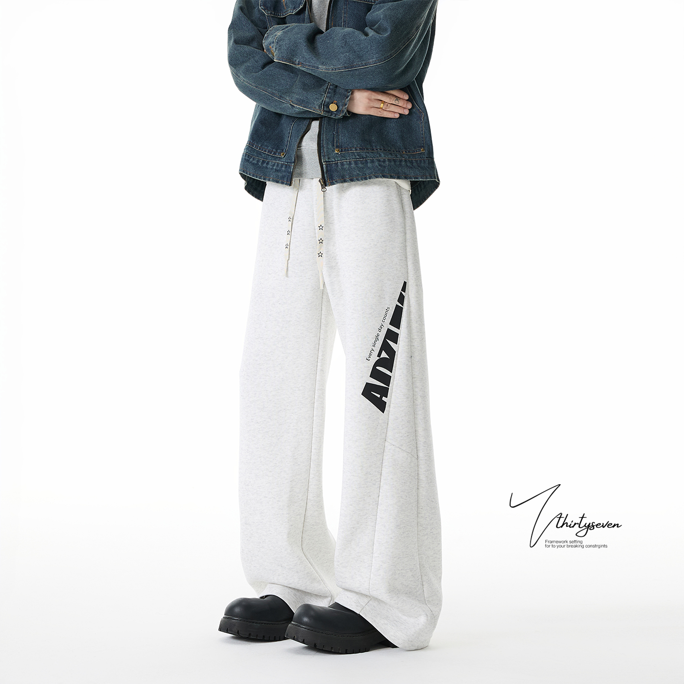 美式复古黑色运动阔腿卫裤