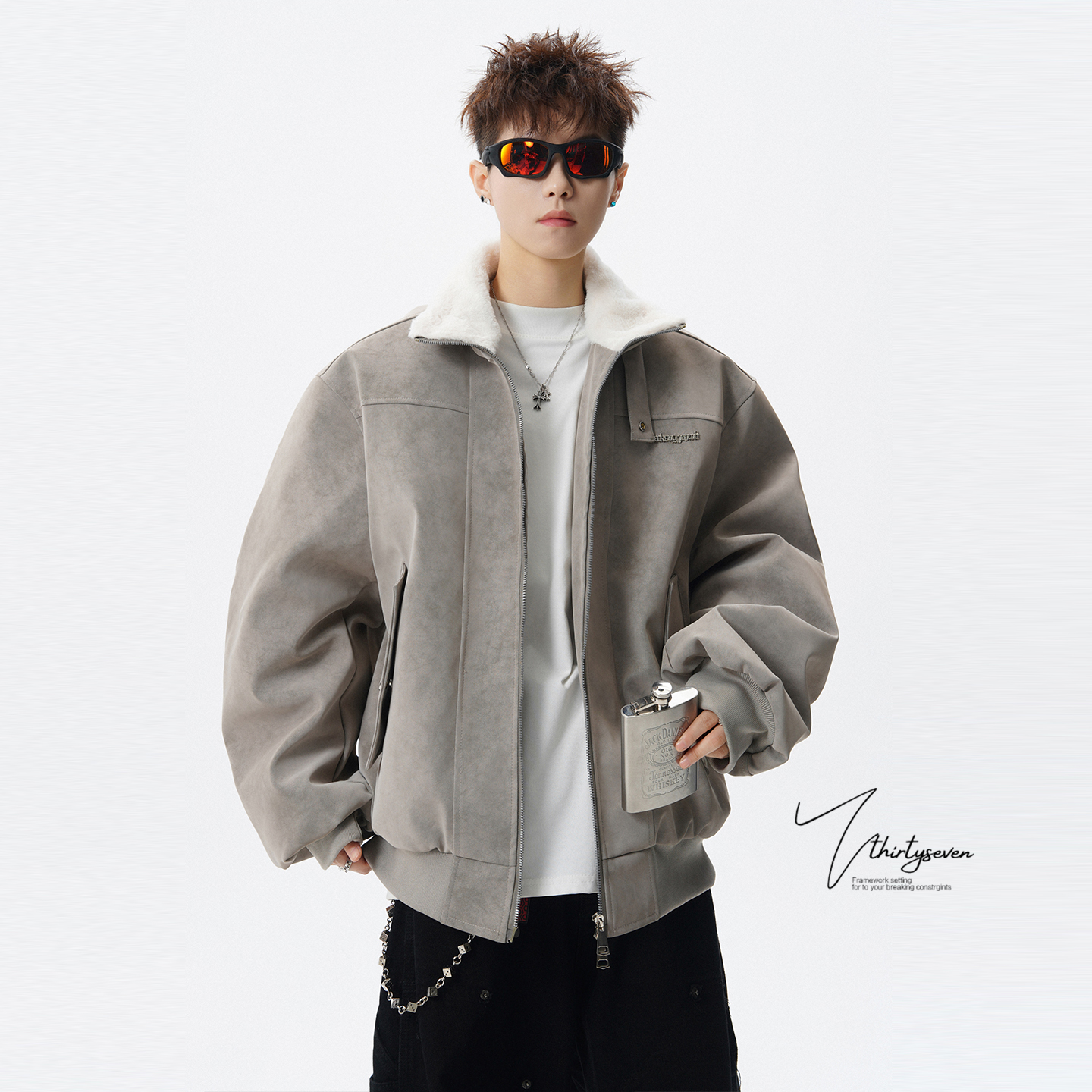 美式重磅加厚绒感翻领皮衣棉服男