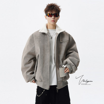 V37美式重磅加厚绒感翻领皮衣棉服男冬高级感痞帅金属标保暖棉衣