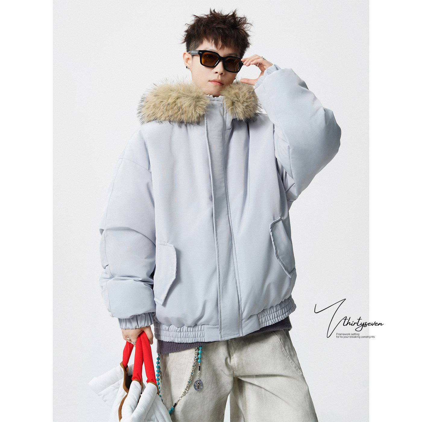 美式复古加绒加厚毛领棉服外套男