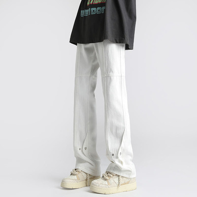 美式vintage白色微喇牛仔裤男