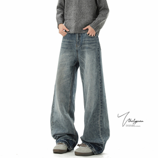 潮牌vintage水波纹直筒长裤 男秋季 子 街头水洗做旧蓝牛仔裤 V37美式