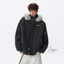 V37美式 加厚保暖防寒夹克外套 潮牌深灰色毛领立领连帽棉衣男冬季