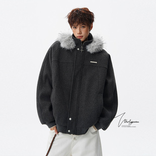 V37美式潮牌深灰色毛领立领连帽棉衣男冬季加厚保暖防寒夹克外套