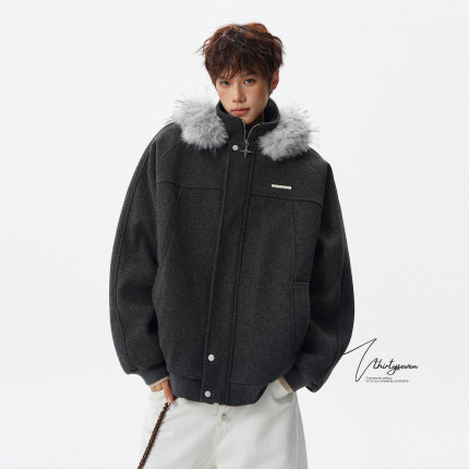 V37美式潮牌深灰色毛领立领连帽棉衣男冬季加厚保暖防寒夹克外套