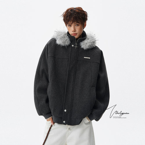 美式潮牌深灰色毛领立领连帽棉衣