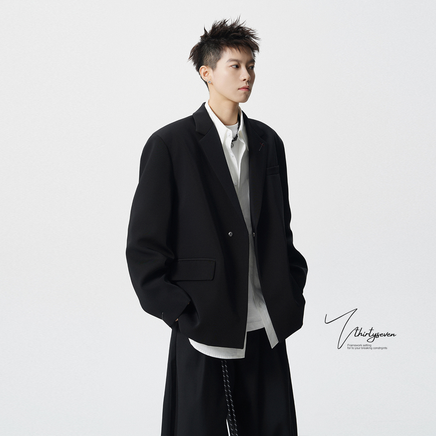 美式高街黑色西服男秋