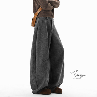 拖地休闲弯刀裤 V37美式 深灰色垂感长裤 男冬季 子 解构毛呢阔腿卫裤