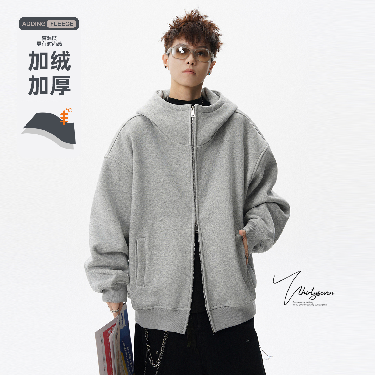 美式重磅纯色加绒加厚连帽卫衣男