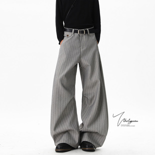 高级感宽松廓形休闲裤 美式 子 男冬季 V37老钱风复古竖条纹弯刀西裤