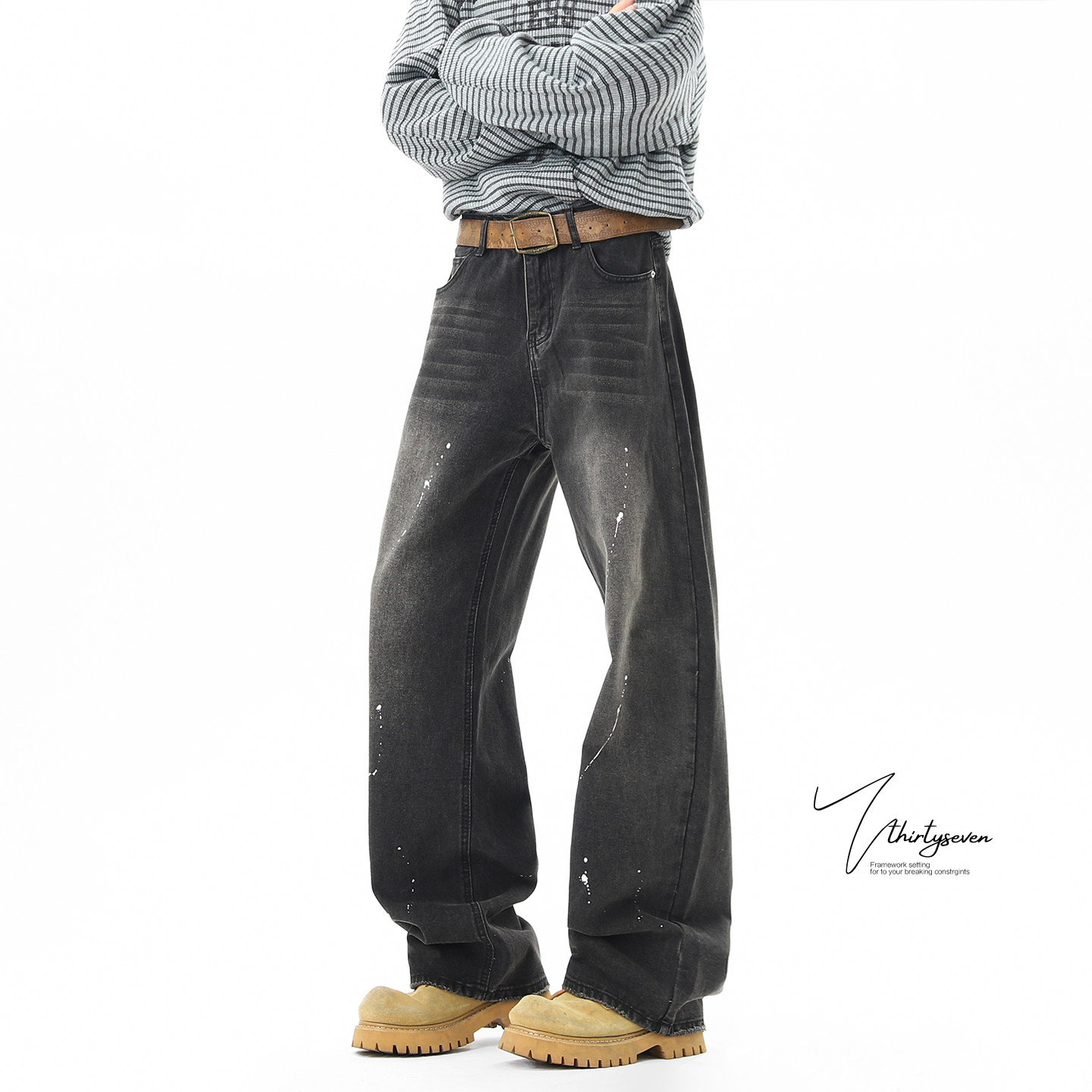 美式复古泼墨牛仔裤男