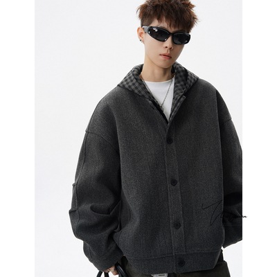 高级感复古棕色短款毛呢大衣男