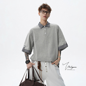 POLO衫 V37美式 潮牌撞色假两件短袖 夏季 松弛感条纹拼接翻领T恤男款