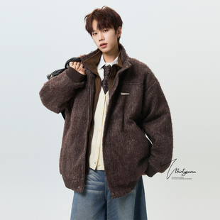 V37美式 高街痞帅宽松休闲保暖外套 重磅复古咖色假两件棉衣男冬季