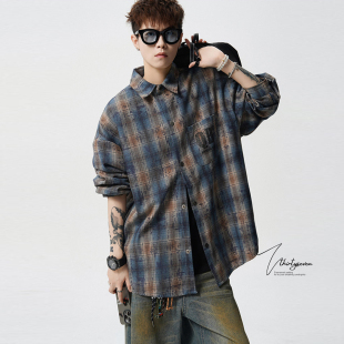 潮牌复古宽松长袖 男春季 衬衣休闲外套 废土风撞色格子衬衫 V37美式