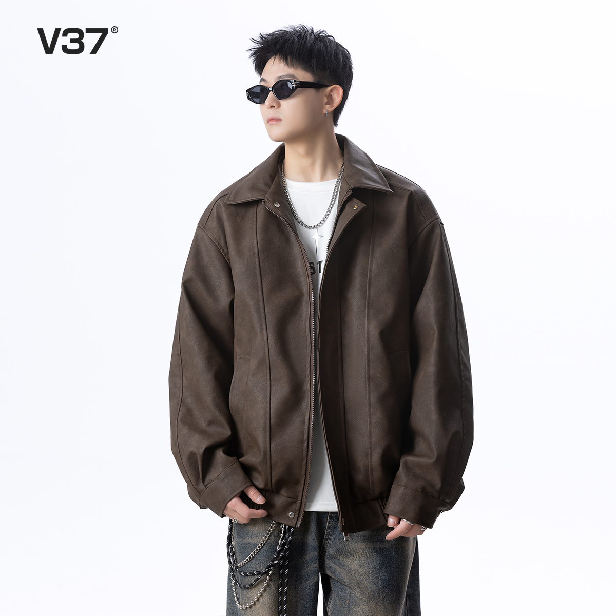 V37咖色pu皮衣外套男春季