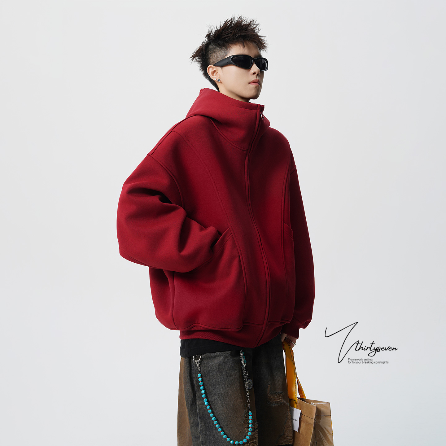 美式重磅安可拉红连帽卫衣外套