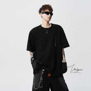 高街拉链设计感宽松休闲五分袖 美式 体恤 t恤男春季 V37重磅垫肩短袖