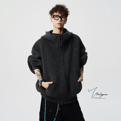 V37美式复古连帽拉链毛衣男秋冬