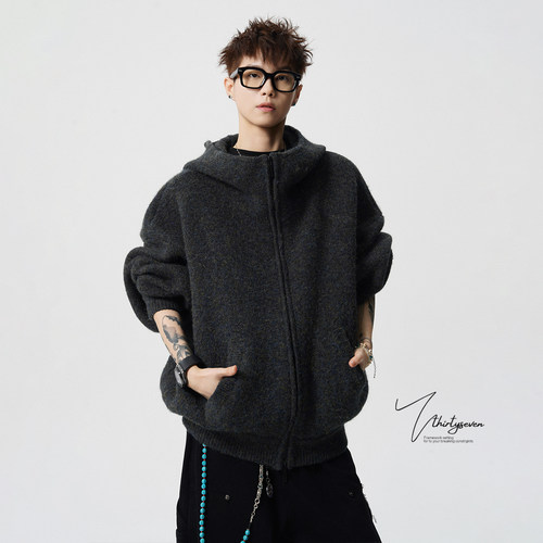 V37美式复古连帽拉链毛衣男秋冬
