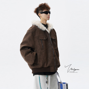 情侣棉服外套 高街vibe保暖工装 V37美式 复古毛领座山雕棉衣男冬季