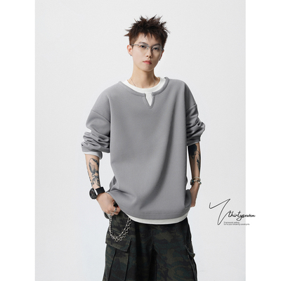 美式华夫格假两件卫衣