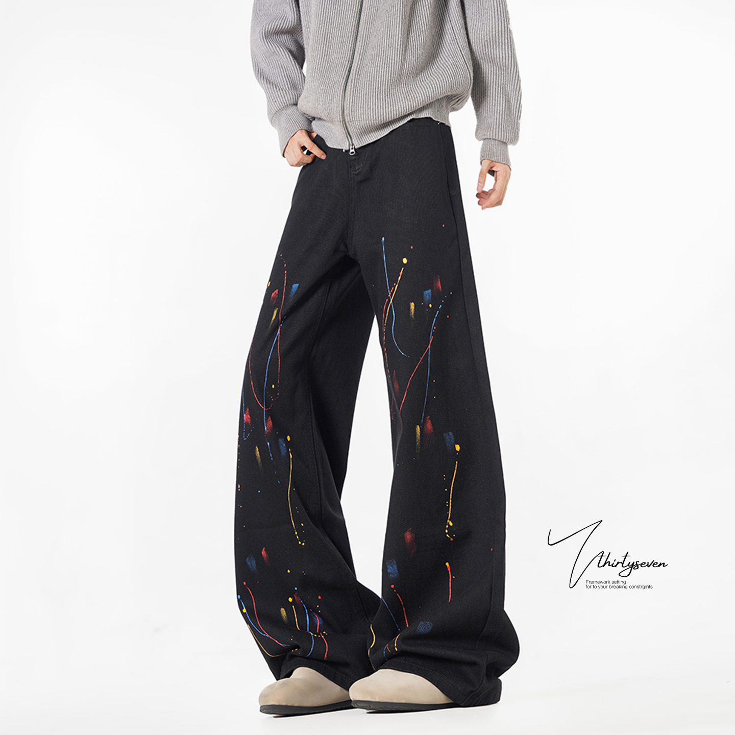 美式泼墨涂鸦牛仔裤男