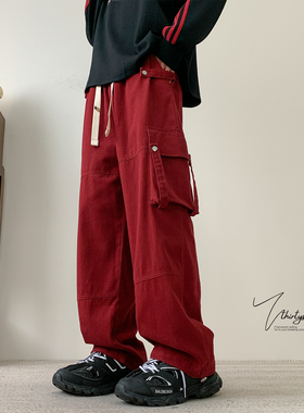 美式红色铆钉工装裤男秋高街潮牌设计感运动裤子宽松休闲街舞长裤