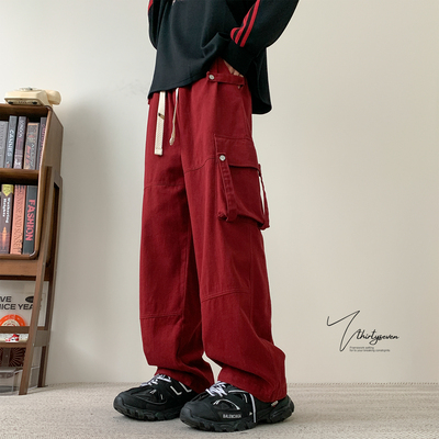 美式红色铆钉工装裤男