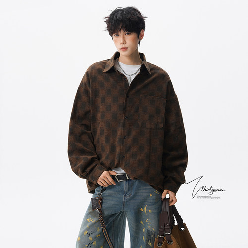 设计感格纹撞色提花长袖衬衫男