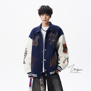 V37国潮重磅字母刺绣棒球服男秋美式高街外套宽松百搭飞行员夹克