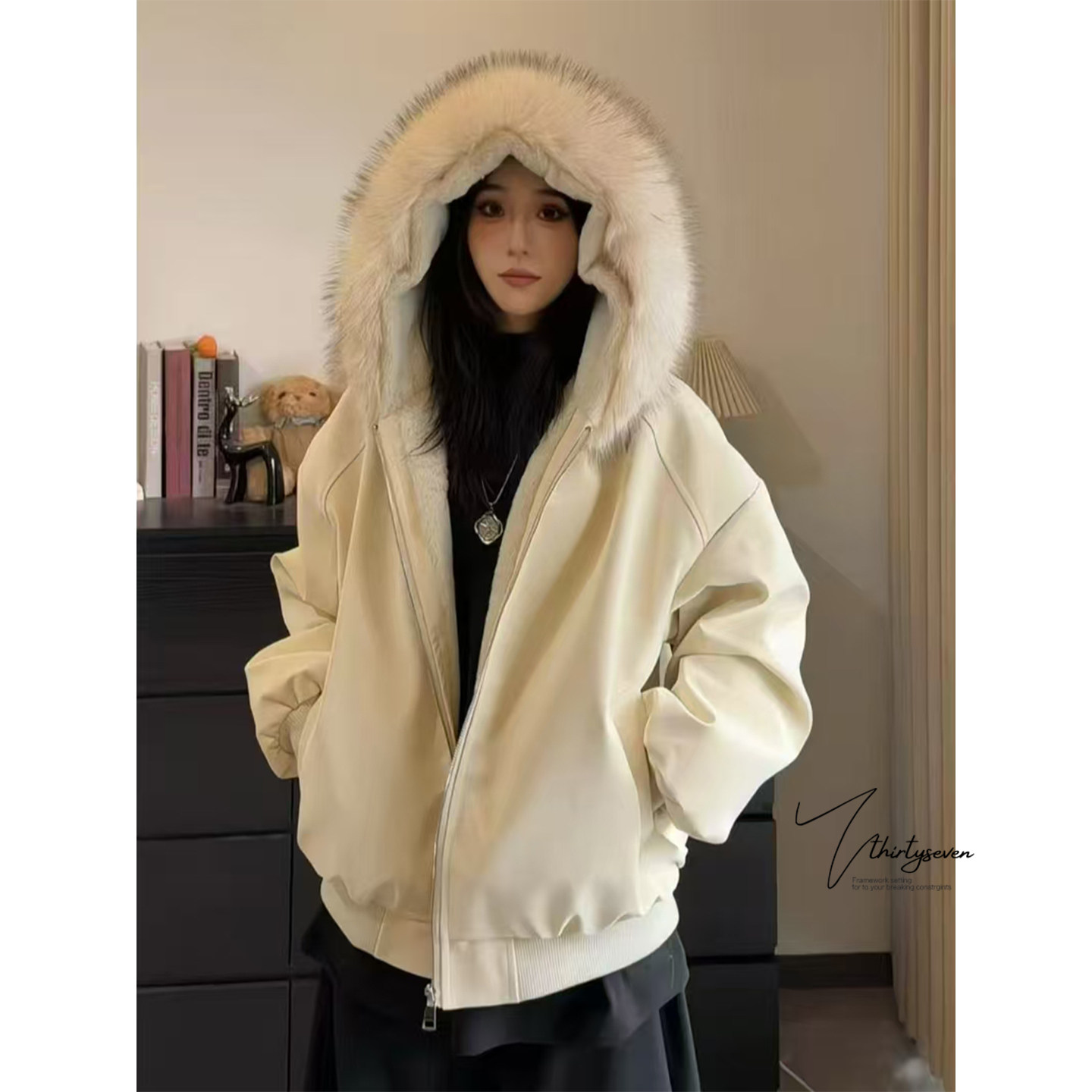 V37复古基础款连帽大毛领棉衣男冬简约cleanfit加厚保暖宽松棉服