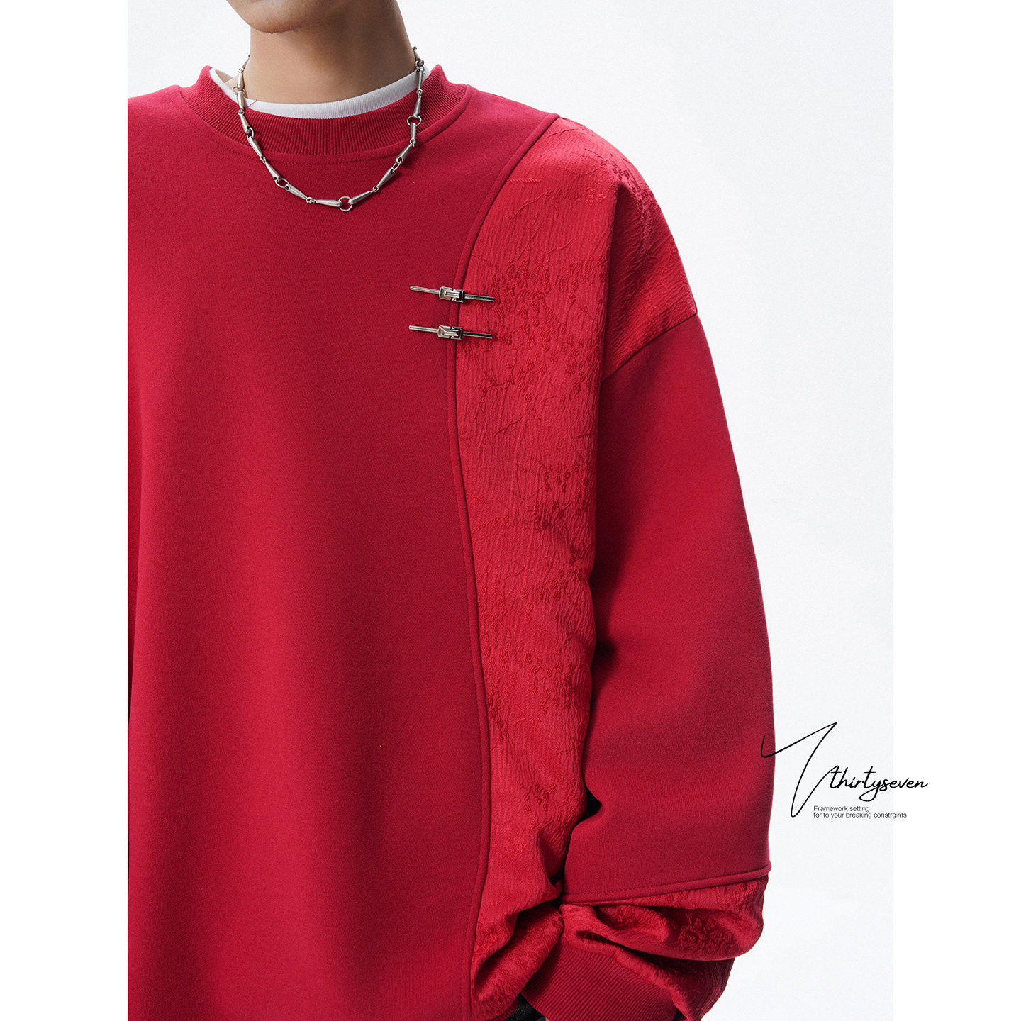 V37国潮风金属盘扣圆领卫衣男秋季青少年长袖T恤宽松休闲套头上衣