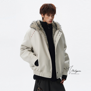 V37高级感痞帅荔枝纹连帽皮棉衣男冬美式 红钻铆钉毛领座山雕外套