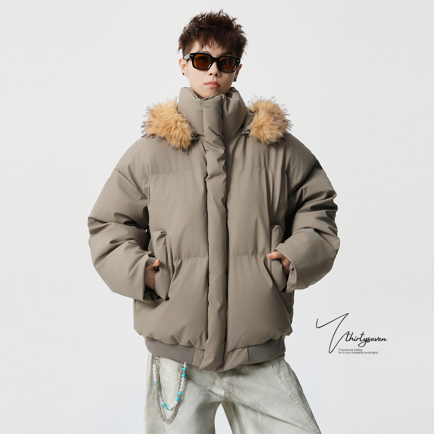 美式复古连帽毛领PU皮棉服男