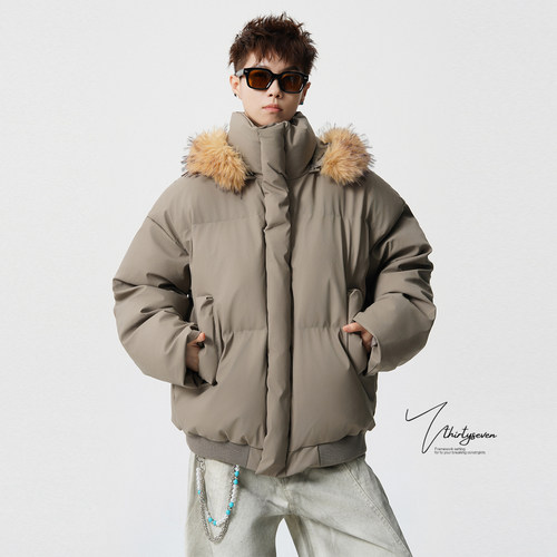 美式复古连帽毛领PU皮棉服男