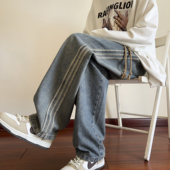子 男秋潮牌青少年水洗宽松直筒裤 V37美式 侧边织带条纹拼接牛仔裤