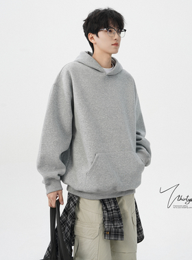 重磅基础款灰色卫衣男秋美式青少年宽松运动帽衫潮牌休闲连帽外套