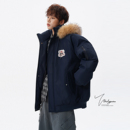 V37美式 藏青色徽章刺绣毛领派克服男冬高街重磅宽松加棉加厚棉衣