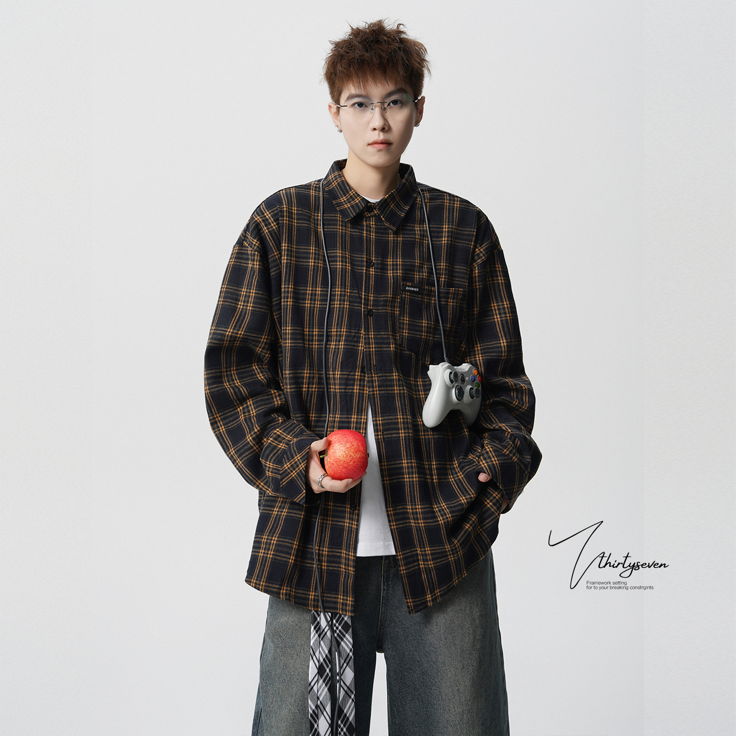 日系复古休闲格子长袖衬衫男