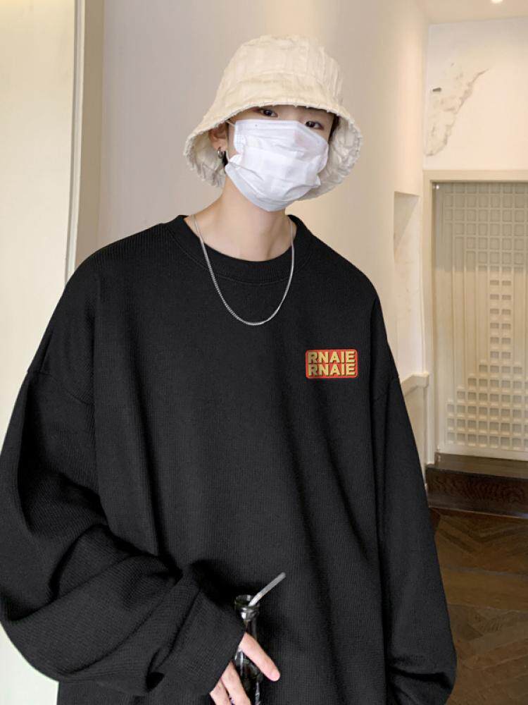 와플 스웨트 셔츠 남성 봄 가을 루즈 캐주얼 라운드 넥 긴팔 티셔츠 청소년 패션 브랜드 트렌드 이너 레이어드 셔츠