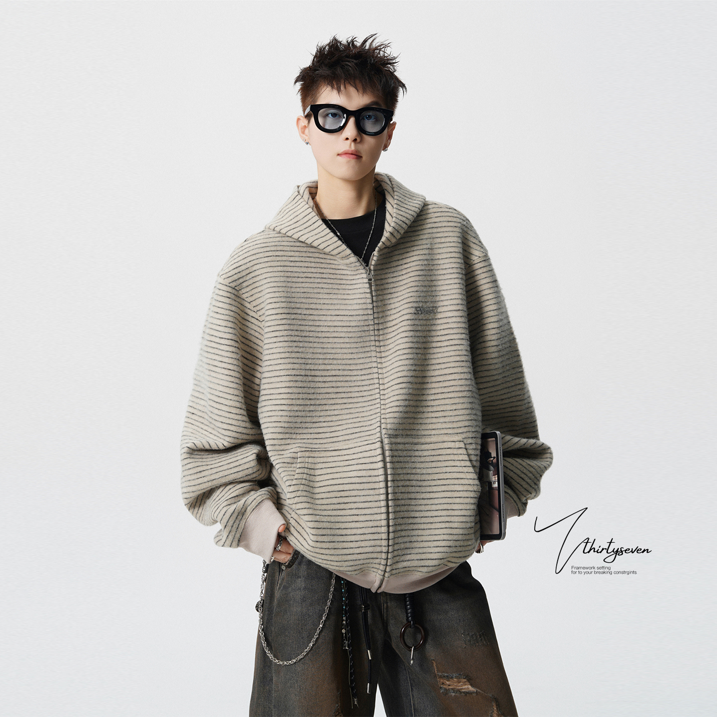 美式重磅条纹开衫连帽卫衣