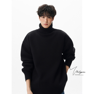 宽松慵懒风加绒套头线衫 纯色高翻领针织毛衣男冬季 基础款 V37美式