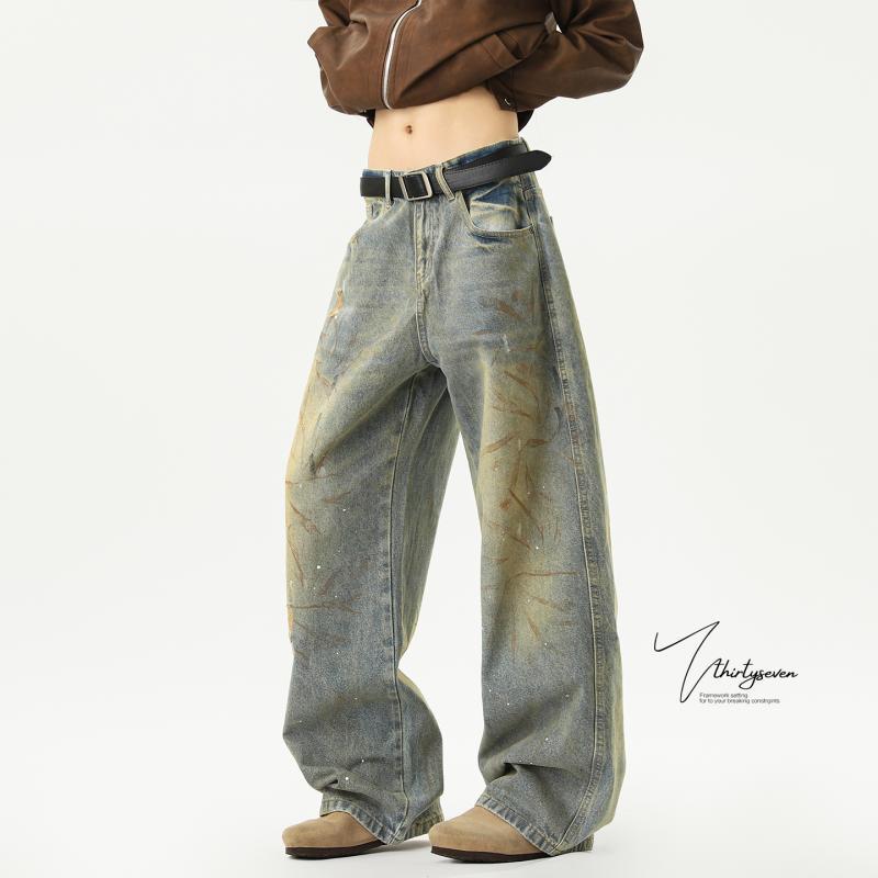 美式街头复古扎染设计感牛仔裤