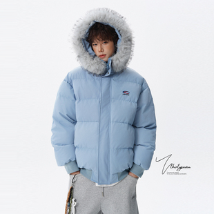 V37美式 高街加厚保暖派克服休闲外套 复古蓝色连帽毛领棉衣男冬季