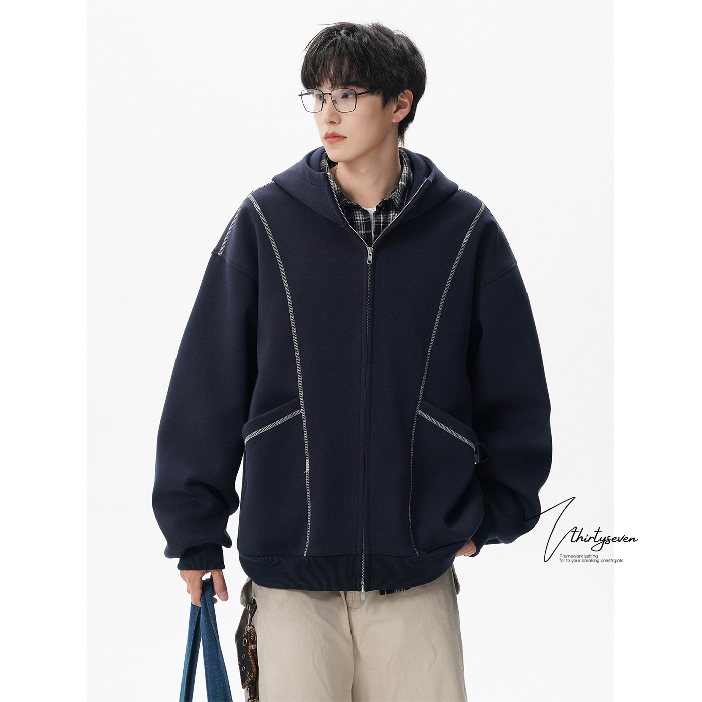 V37美式重磅解构拼连续帽卫衣